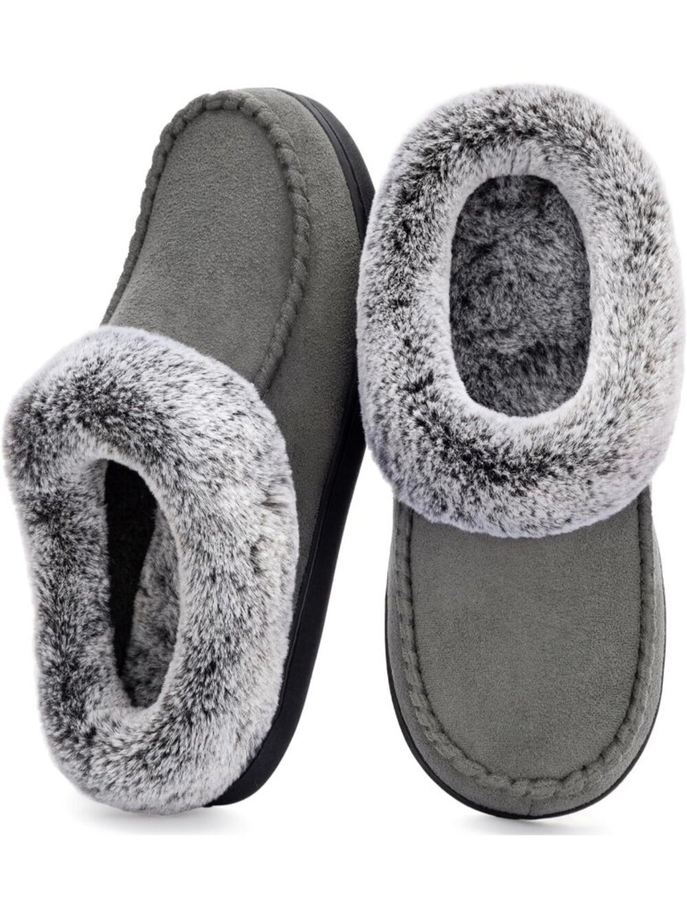 Women's Dark Grey Faux Suede Memory Foam Fur Lined Non-Slip House Slippers
